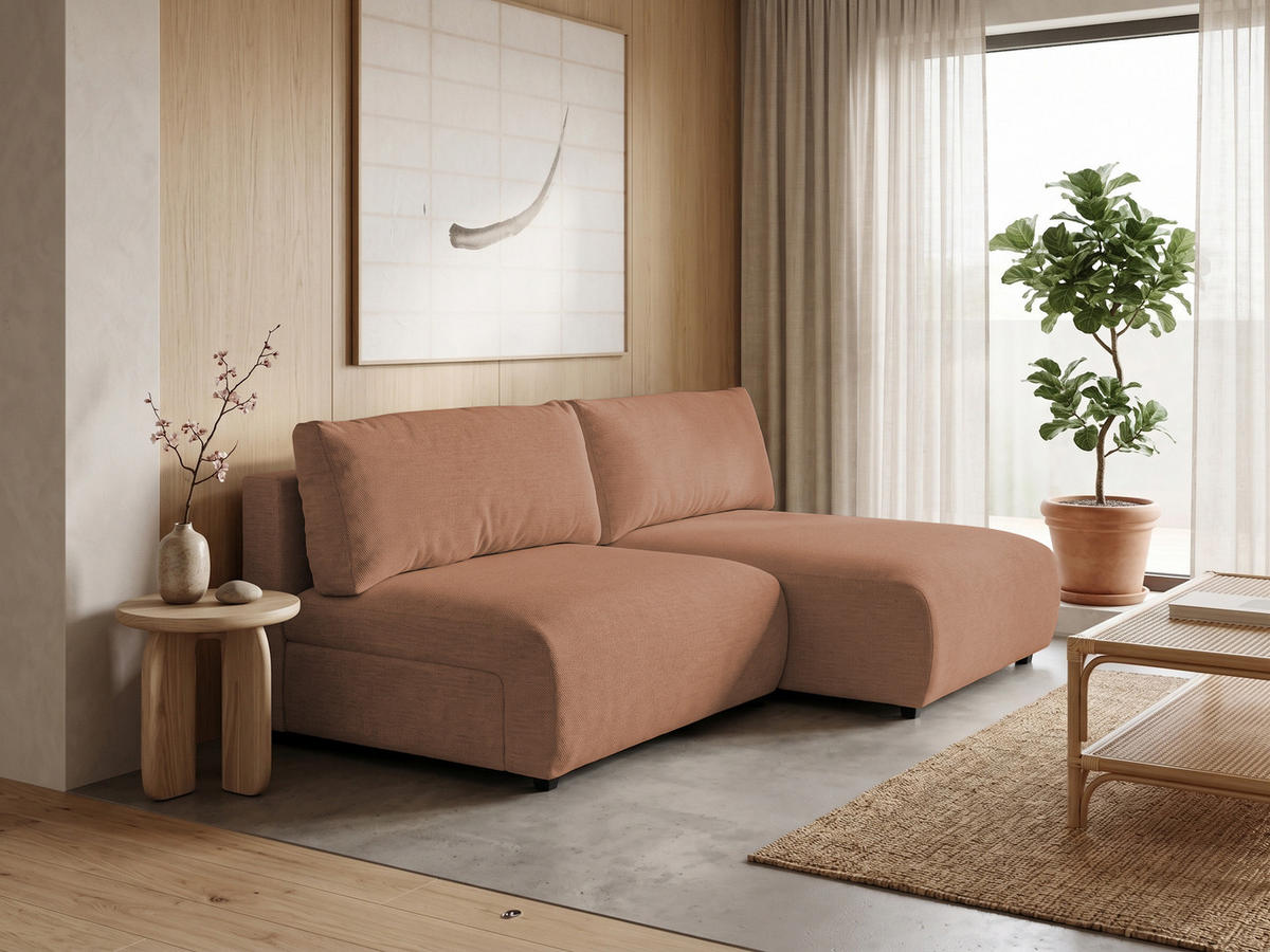 ECKSOFA Sora mit Schlaffunktion, Bettkasten und extra tiefer Komfortzone aus hochwertigem Terrakotta Strukturstoff - Terracotta/Schwarz, Holz/Kunststoff (200/140cm) - S-Style