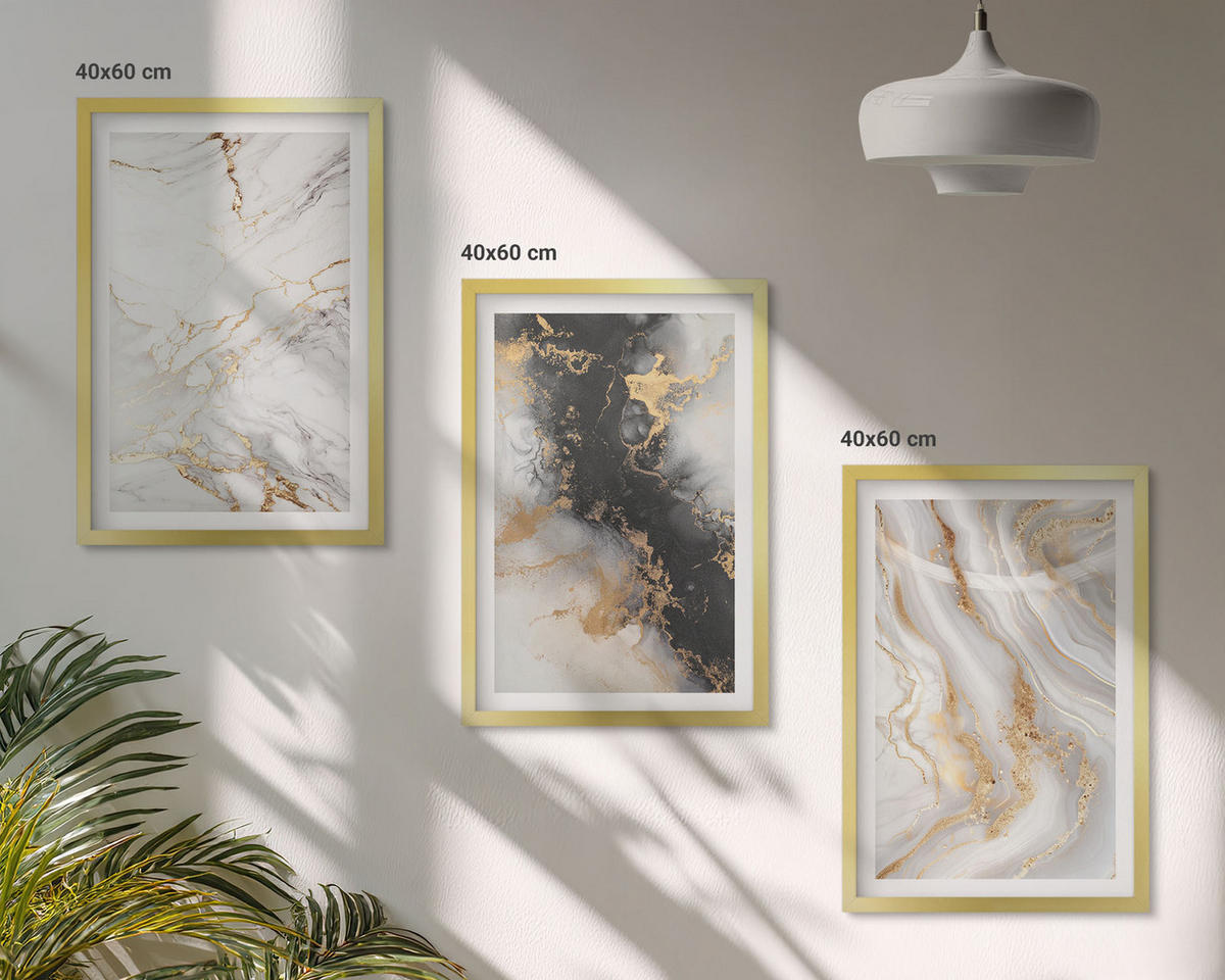 BILDER SET 3er Set - 40x60 cm Goldrahmen - Abstrakte weiß-schwarze Muster - Goldfarben, Kunststoff (40/60cm) - TULUP