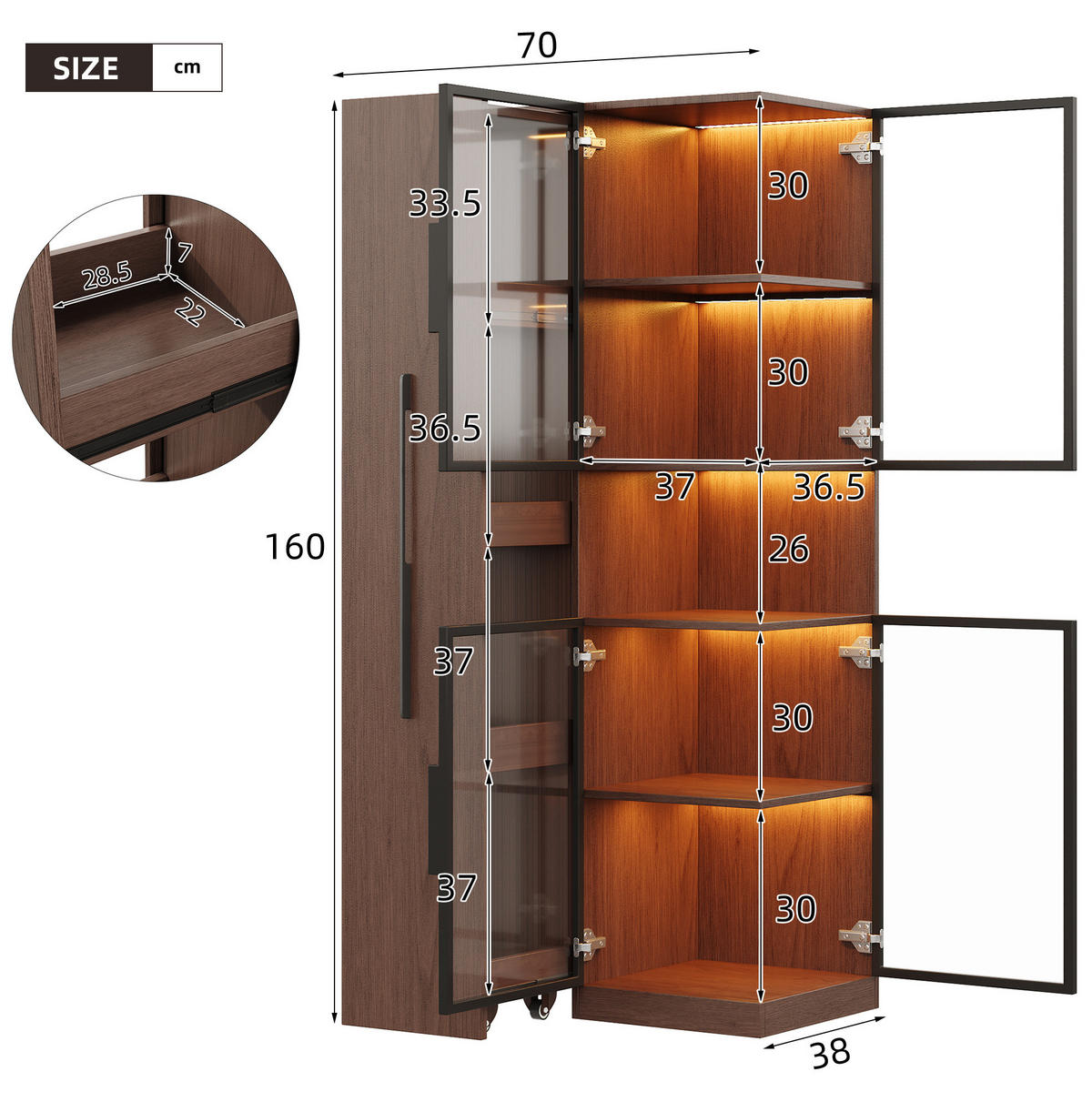VITRINE aus MDF & Glas 70x38x160cm in Walnussfarben mit LED - Walnussfarben, Holzwerkstoff (70/160/38cm) - Modfu