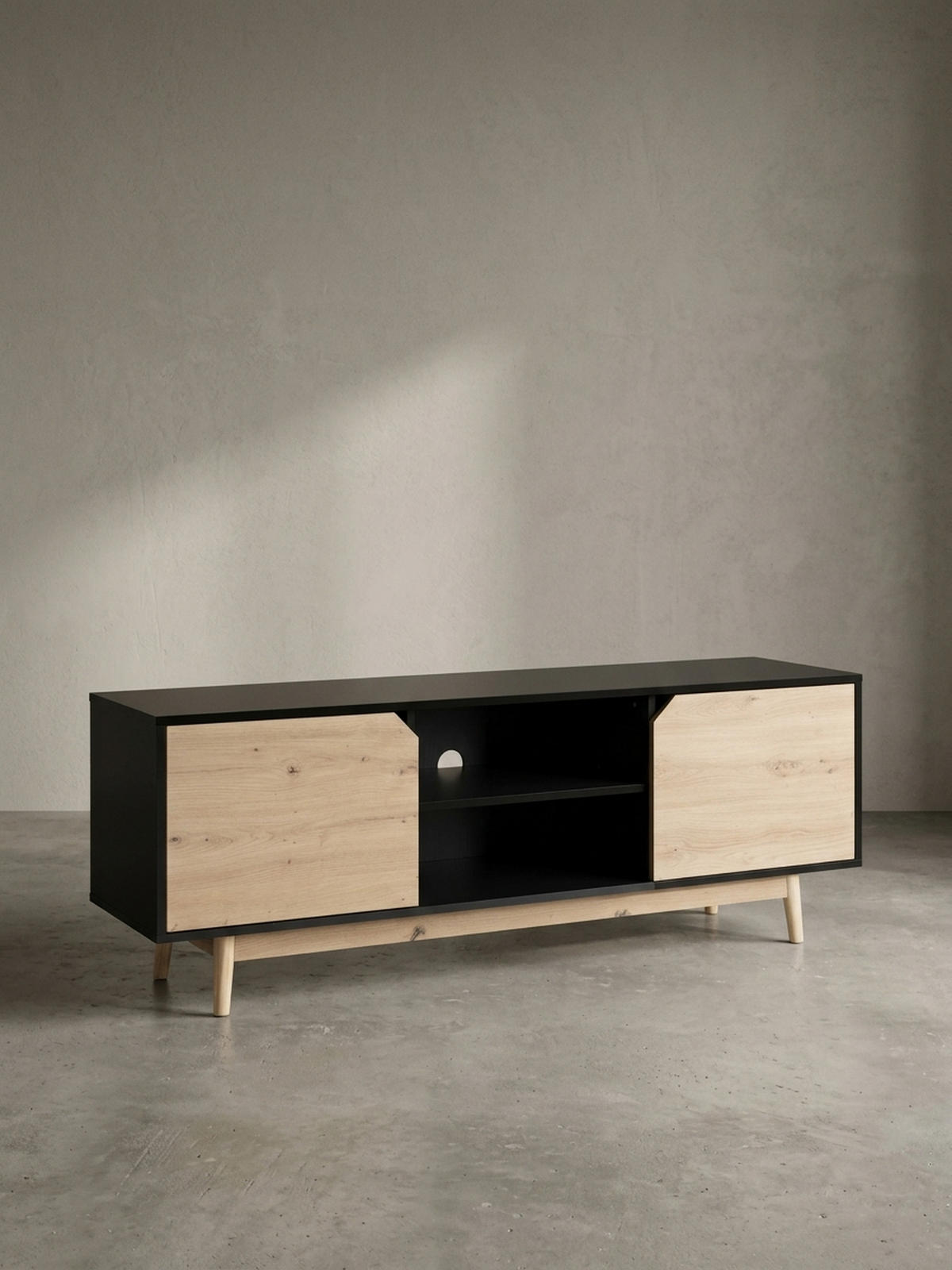 TV-LOWBOARD mit Eiche-Dekor, 2 Türen, modern, Schwarz-Beige 150x40x55 cm - Eichefarben/Schwarz, Holz (150/55/40cm) - KADIMA DESIGN