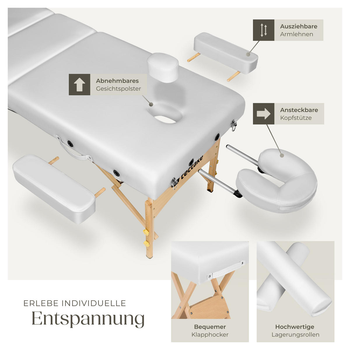 MASSAGELIEGE-SET 3 Zonen, 218 x 102 x 90 cm,weiß - Weiß, Holz (102/90/218cm) - tectake