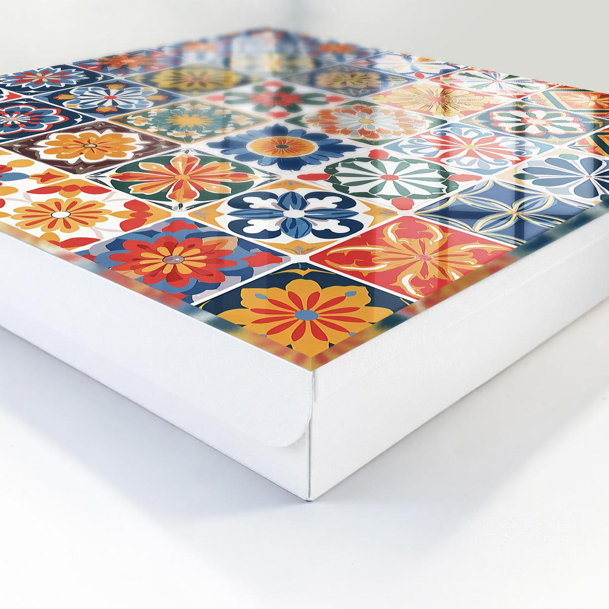 SCHLÜSSELBOX Weiß 30x30 cm – Türöffnung nach rechts - Bunte Fliesen - Blau, Metall (30/30/5cm) - TULUP
