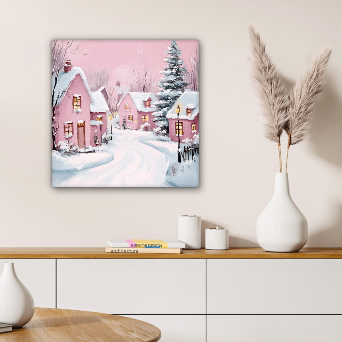 LEINWANDBILD Weihnachtsdorf - Rosa - Winter - Schnee - Häuser 50x50 cm - Altrosa, Textil (50/50cm) - MuchoWow