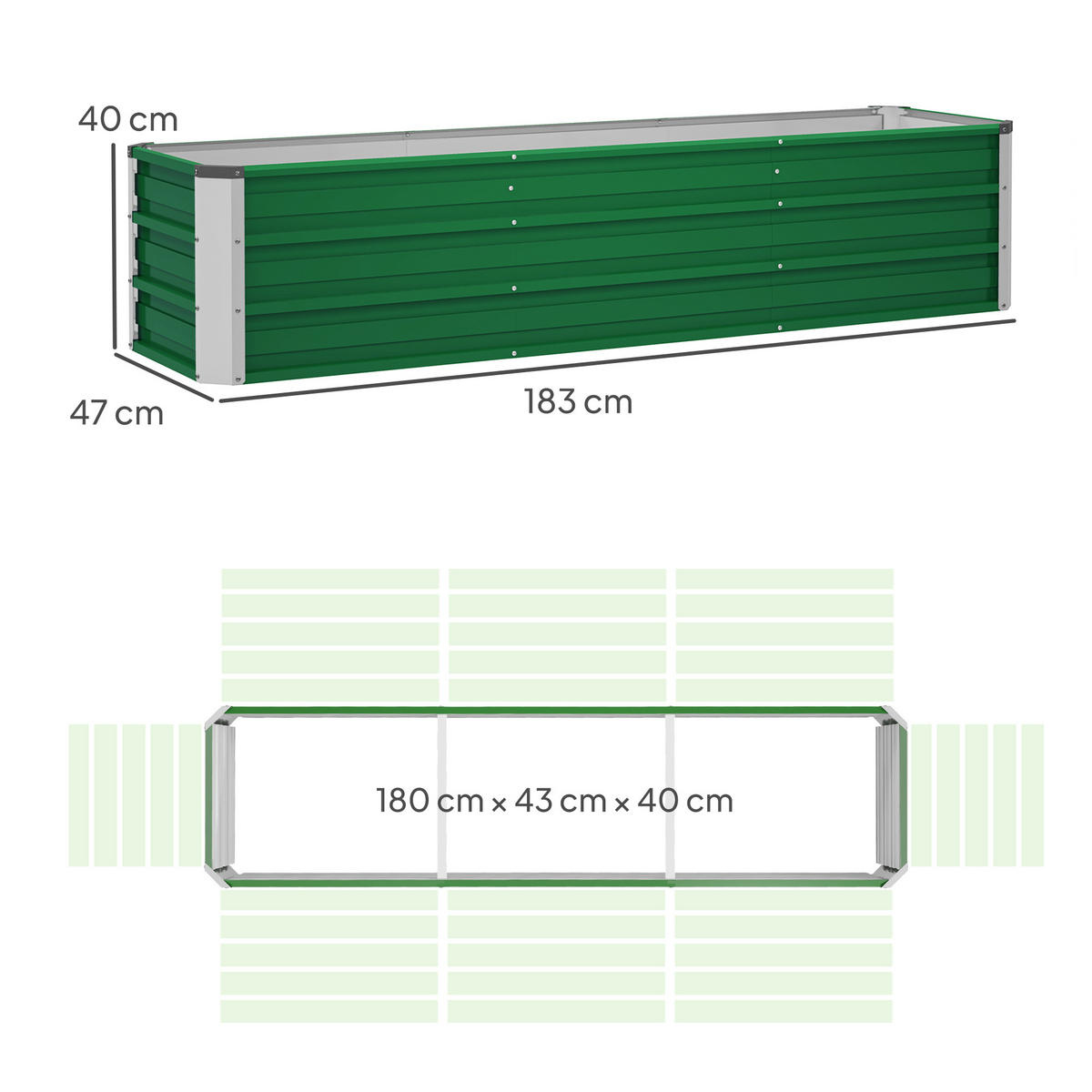 HOCHBEET 183x47x40 cm Stahl grün - Grün, Metall (183/40/47cm) - LEBENLANG