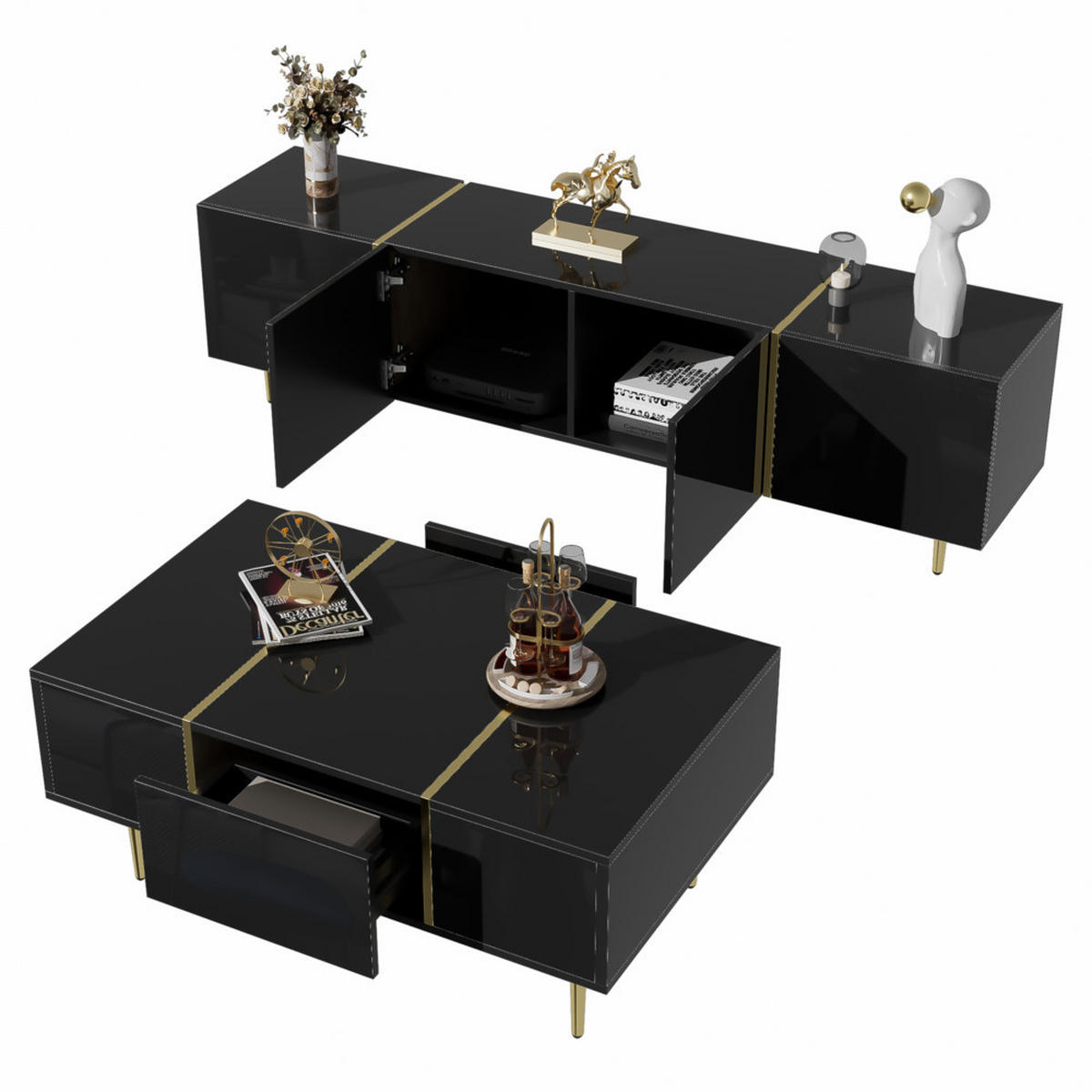 TV-SCHRANK SET Modern Hochglanzschwarz mit Couchtisch - Schwarz, Holz (43.18/21.84/96.52cm) - FLIEKS