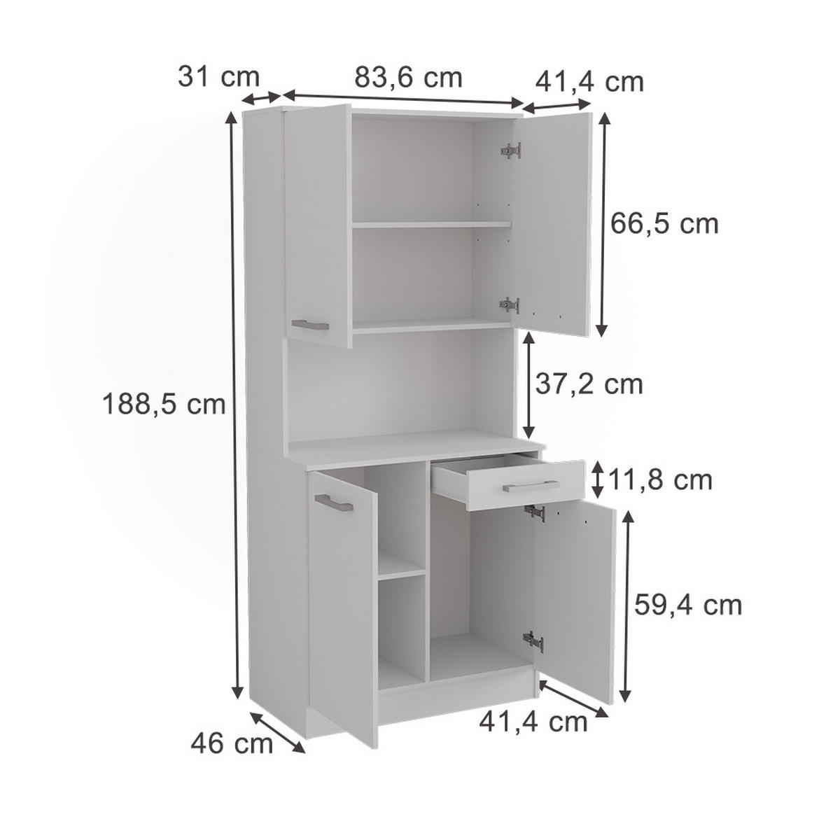 KÜCHENBUFFET Raul Weiß 83.6 x 188.5 cm mit 4 Türen & 1 Schublade - Weiß, Holzwerkstoff (83.6/188.5/46cm) - Vicco