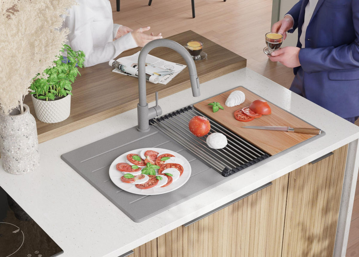 SPÜLBECKEN Kopenhagen, 2-er set Grau 90/50 cm 1 Becken + Ablauf-Set + Schneidebrett ab 60er Unterschrank - Beige/Grau, Kunststoff (90/20/50cm) - Primagran