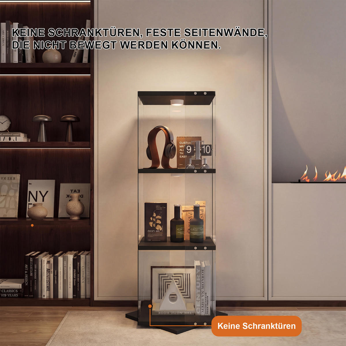 DREHVITRINE 360° mit RGB LED, 3 Ebenen, Glasvitrine schwarz für Deko - Schwarz, Glas (38/121/38cm) - SHOPENTRA