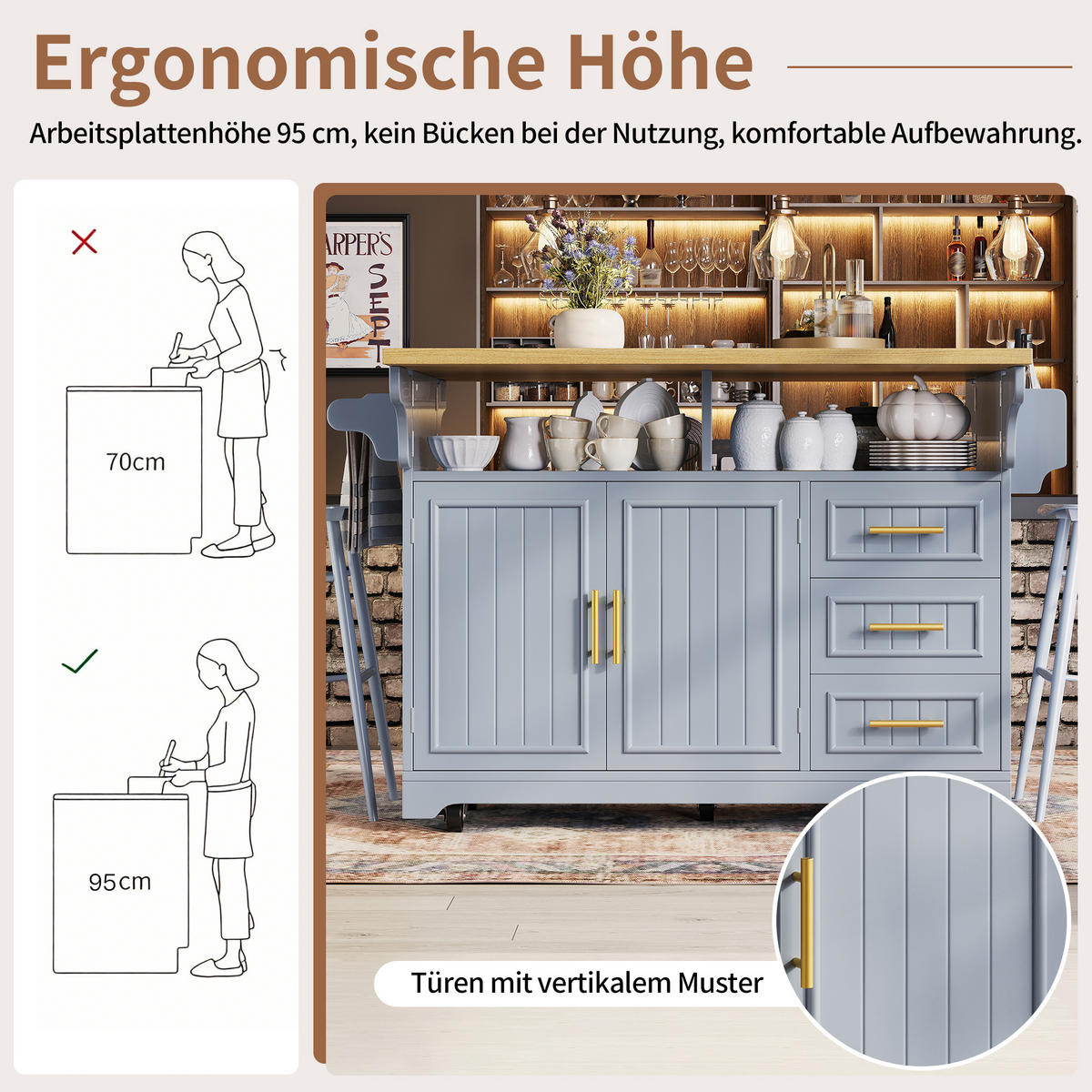 KÜCHENINSEL DE-38361 120/197 cm ausklappbar mit 3 Schubladen Hellblau - Hellblau, Holzwerkstoff (120/95/40cm) - ComfortXL