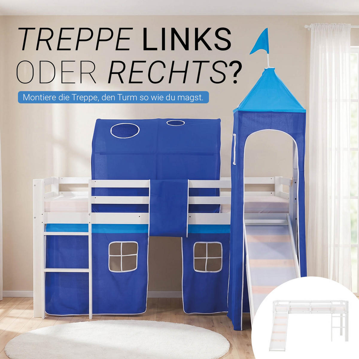 HOCHBETT 90/200 cm in Blau mit Lattenrost + Matratze - Blau/Weiß, Holz - Homestyle4u