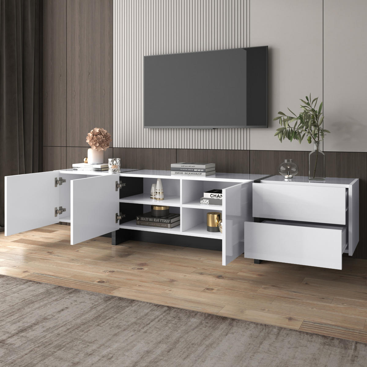 TV Lowboard 190x35x45 cm, Schubladen, Weiß - Weiß, Holz (190/45/35cm)