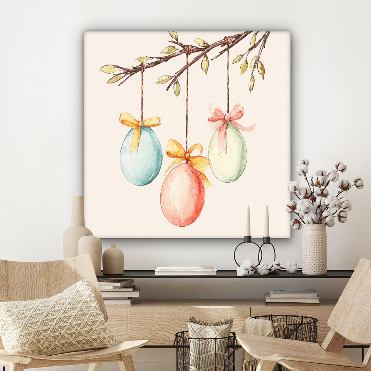 LEINWANDBILD Osterkuchen - Schleife - Eier Deko Groß 90x90 cm - Creme, Textil (90/90cm) - MuchoWow