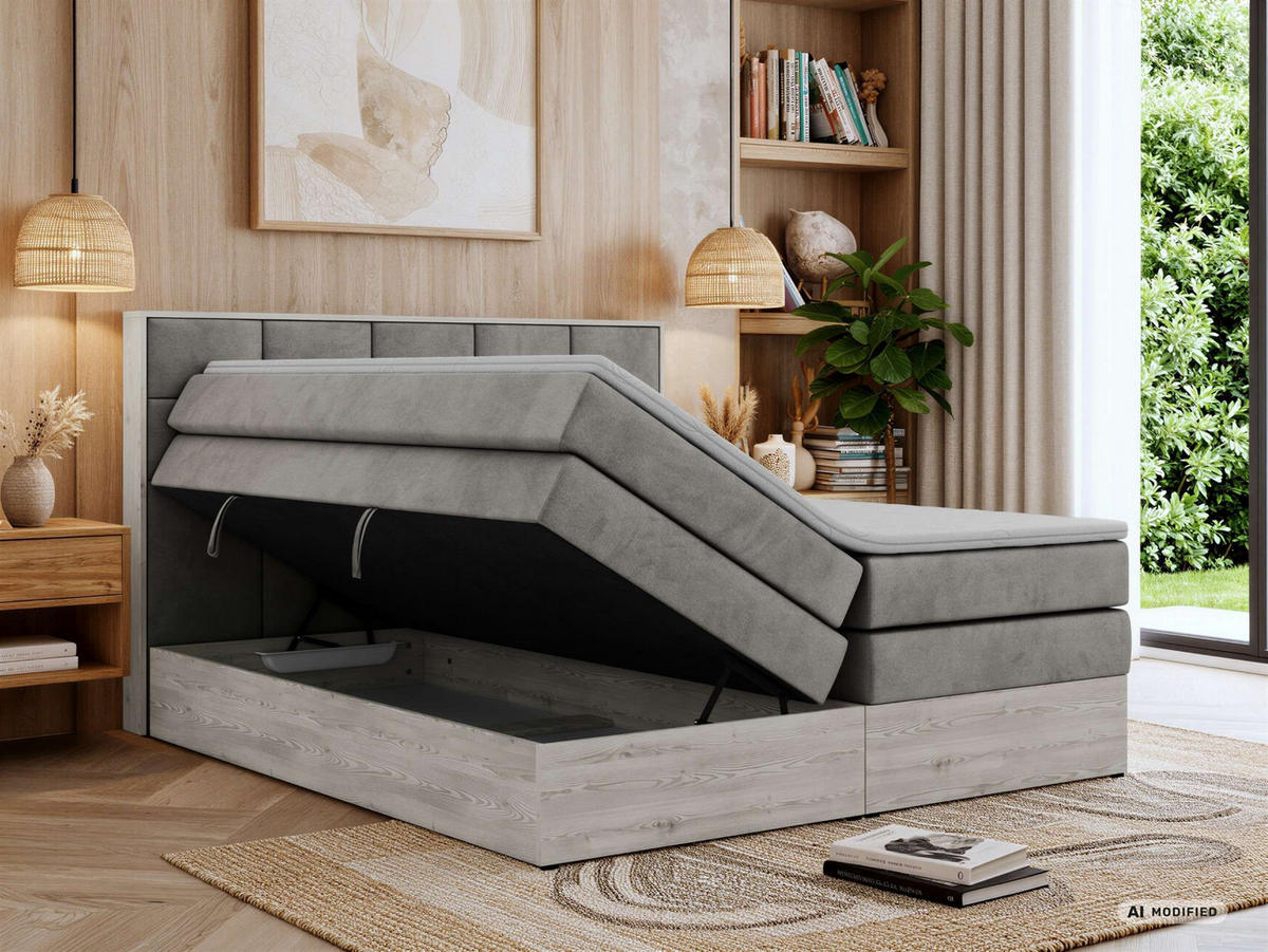 BOXSPRINGBETT ALNOR KING 160/200 - Hellgrau Velvet - Topper T25 - H4 - Hellgrau/Schwarz, Kunststoff/Textil (160/200cm) - MKS