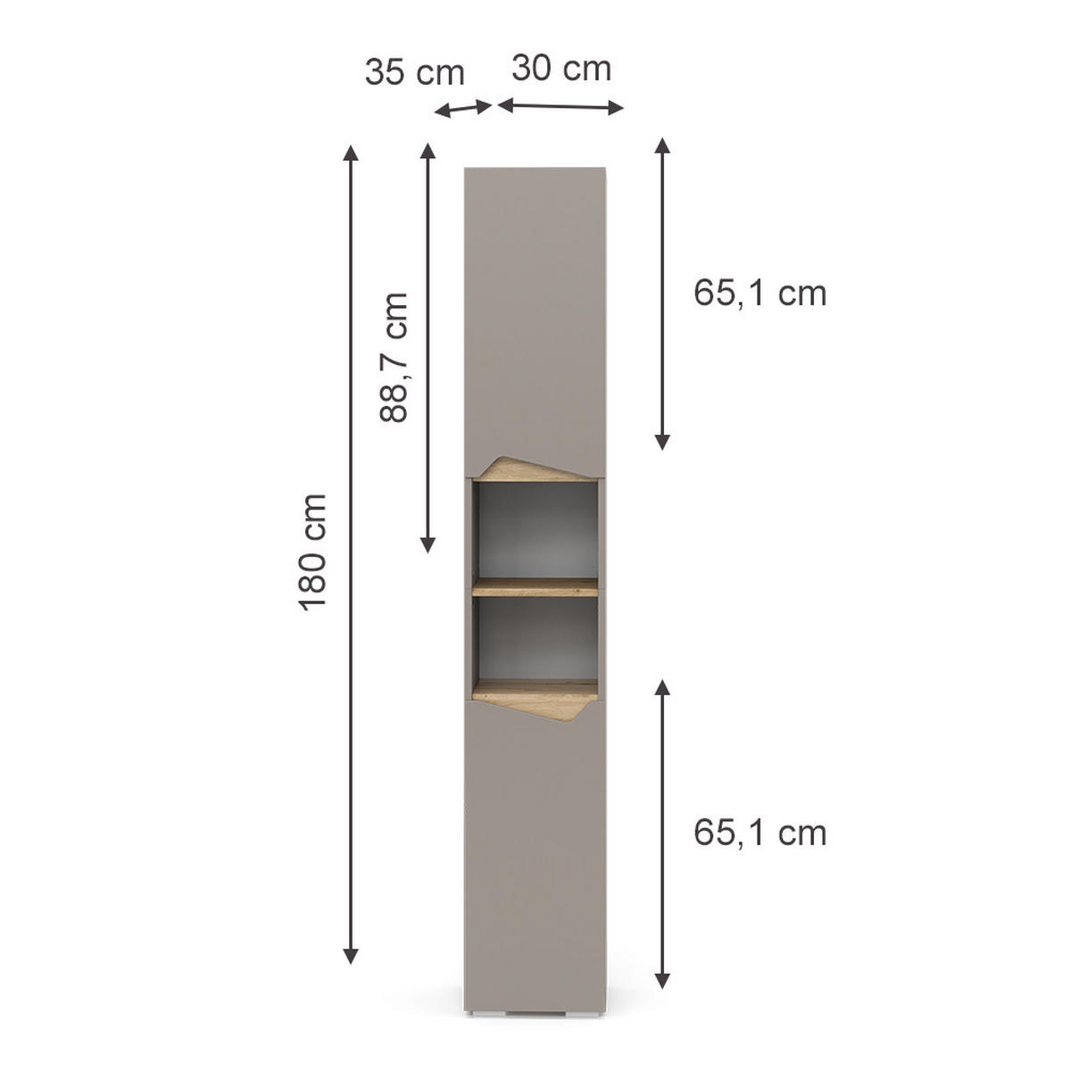 BADSCHRANK Marelle Greige 30 x 180 cm mit Türen, und offenen Fächern - Greige, Holzwerkstoff (30/180/35cm) - Vicco