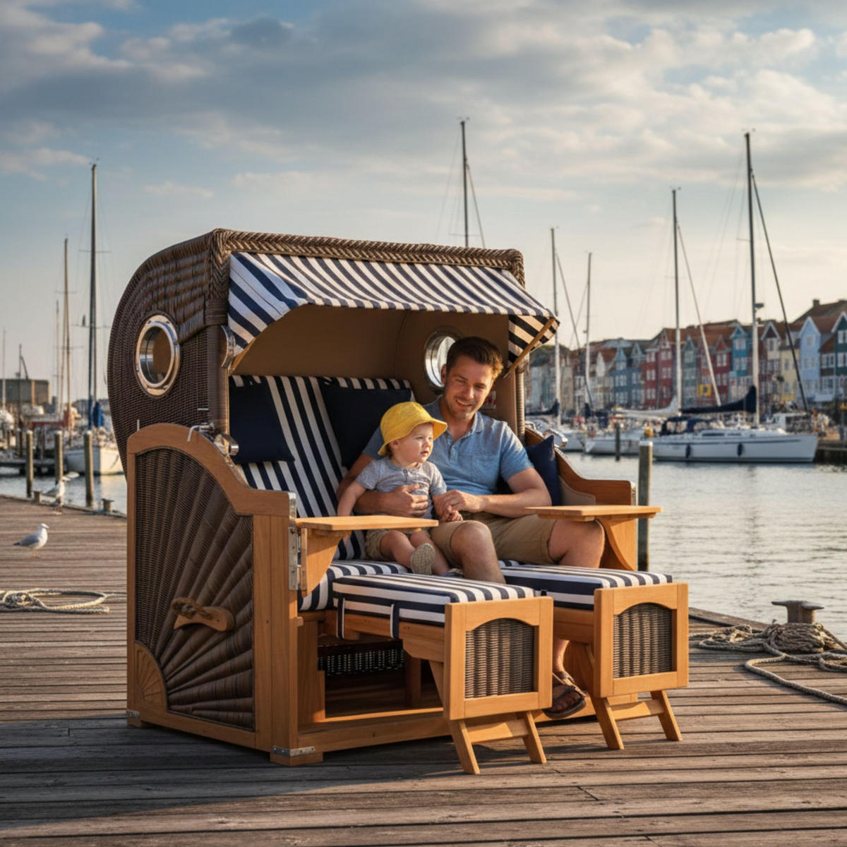 STRANDKORB Düne Grande Bullauge Teak PE Grey Dessin 518 - Blau/Braun, Metall (142/170/95cm) - Mr. Deko