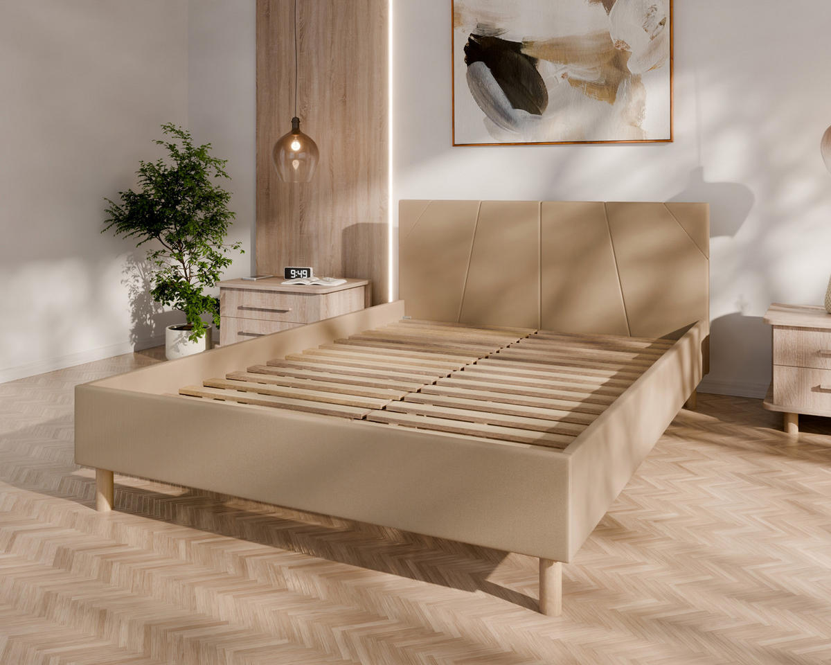 POLSTERBETT ALMORE 140x200cm, 7-Zonen-Taschenfederkernmatratze mit Kokos ARLAN (21 cm), Creme - Creme, Holz (140/200cm) - Homesy