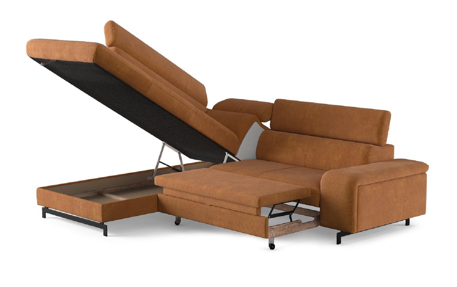 ECKSOFA mit Schlaffunktion und Bettkasten - Cognac/Schwarz, Kunststoff/Textil (262/215cm) - Cotta