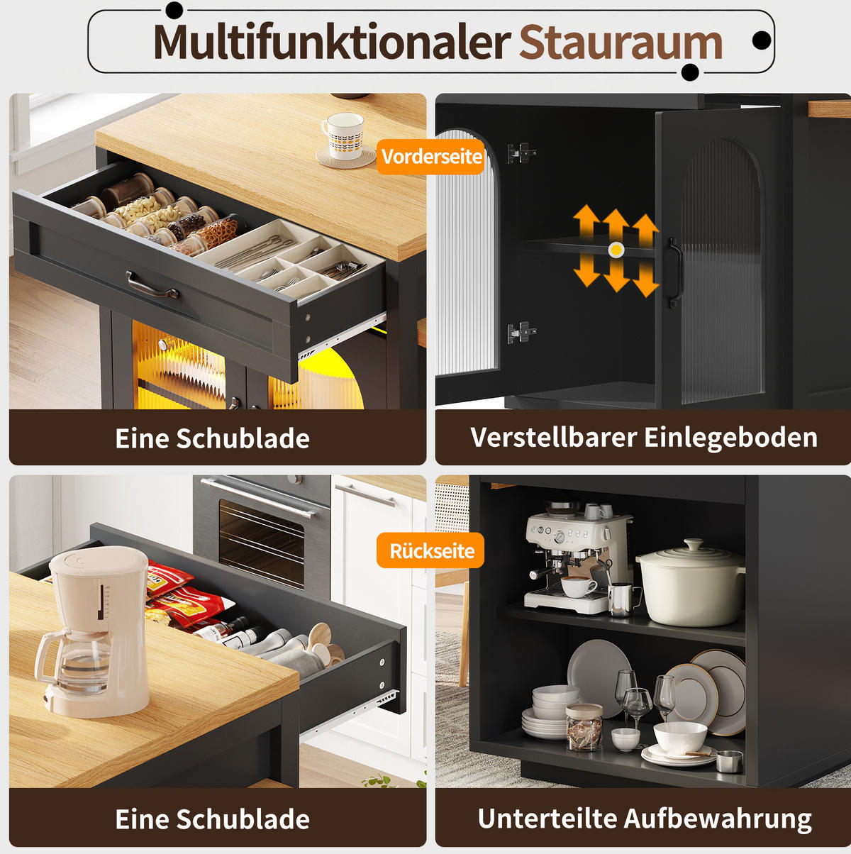 KÜCHENINSEL aus MDF 126-196x59x94 cm Schwarz mit ausziehbarer Tischplatte, RGB-LED-Beleuchtung und Stauraum - Schwarz, Holzwerkstoff (196/94/59cm) - Modfu