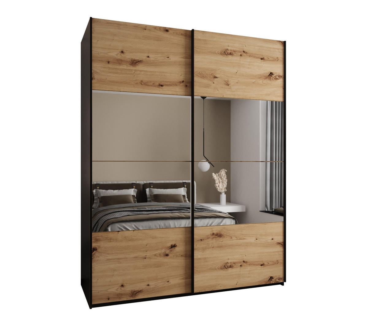 SCHWEBETÜRENSCHRANK 245,5/200/64 2-türig - Schwarz/Eiche Artisan, Holz/Metall (200/245/64cm) - Abiks Möbel