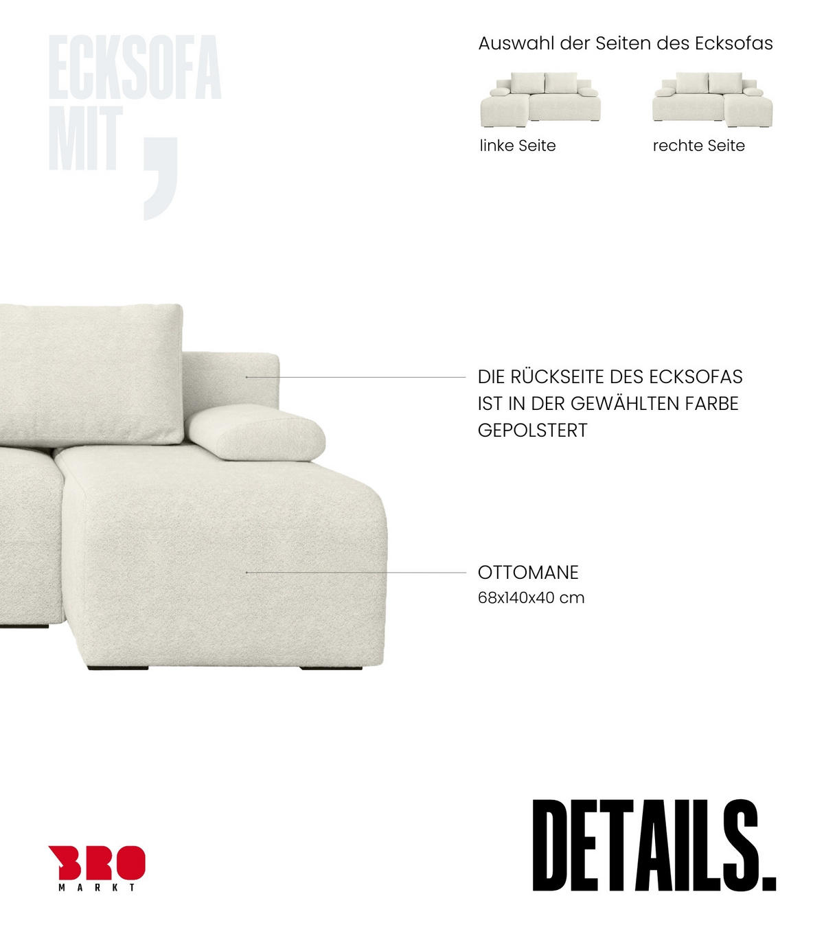 ECKSOFA Ernest mit Schlaffunktion Beige Bouclé - Weiß, Textil (200/145cm) - Bromarkt