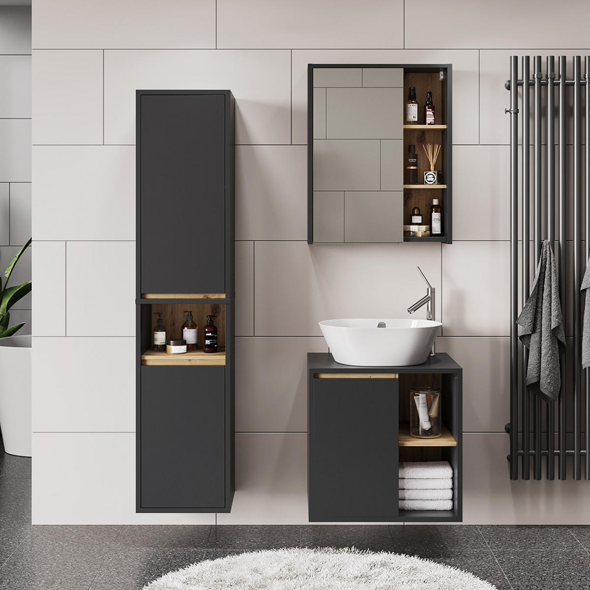 SADA KOUPELNOVÉHO NÁBYTKU Viola Grey/Artisan - šedá/dub artisan, kompozitní dřevo (60/60/45.5cm) - Vicco