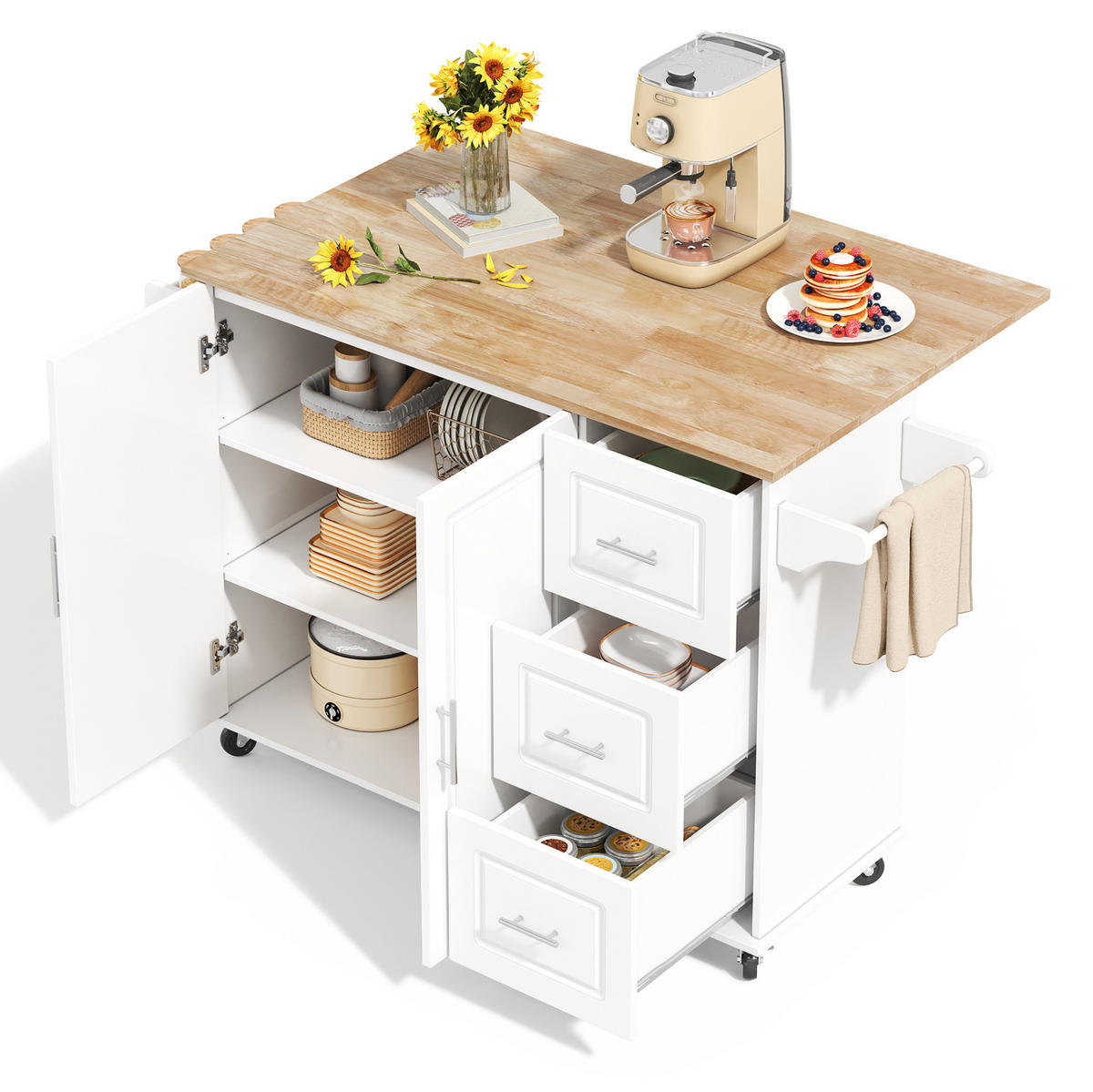 KÜCHENINSEL 137/43(76)/92 cm mit klappbarer Arbeitsplatte, 3 Schubladen, Schrank und Rollen aus MDF, Weiß - Weiß, Holzwerkstoff (137/92/76cm) - Redom