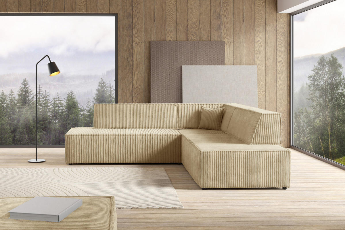 ECKSOFA TESSO II R-S Beige Kordstoff mit Schlaffunktion - Beige, Holz (254/254cm) - MASSENO