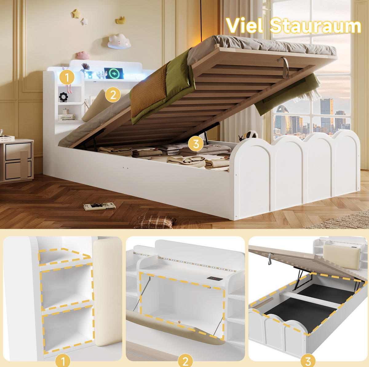 PANEELBETT 90/200 cm Weiß aus Massivholz und Holzwerkstoff mit hydraulischem Stauraum, USB- und Typ-C-Anschluss - Weiß, Holz (90/200cm) - OKMYHOME