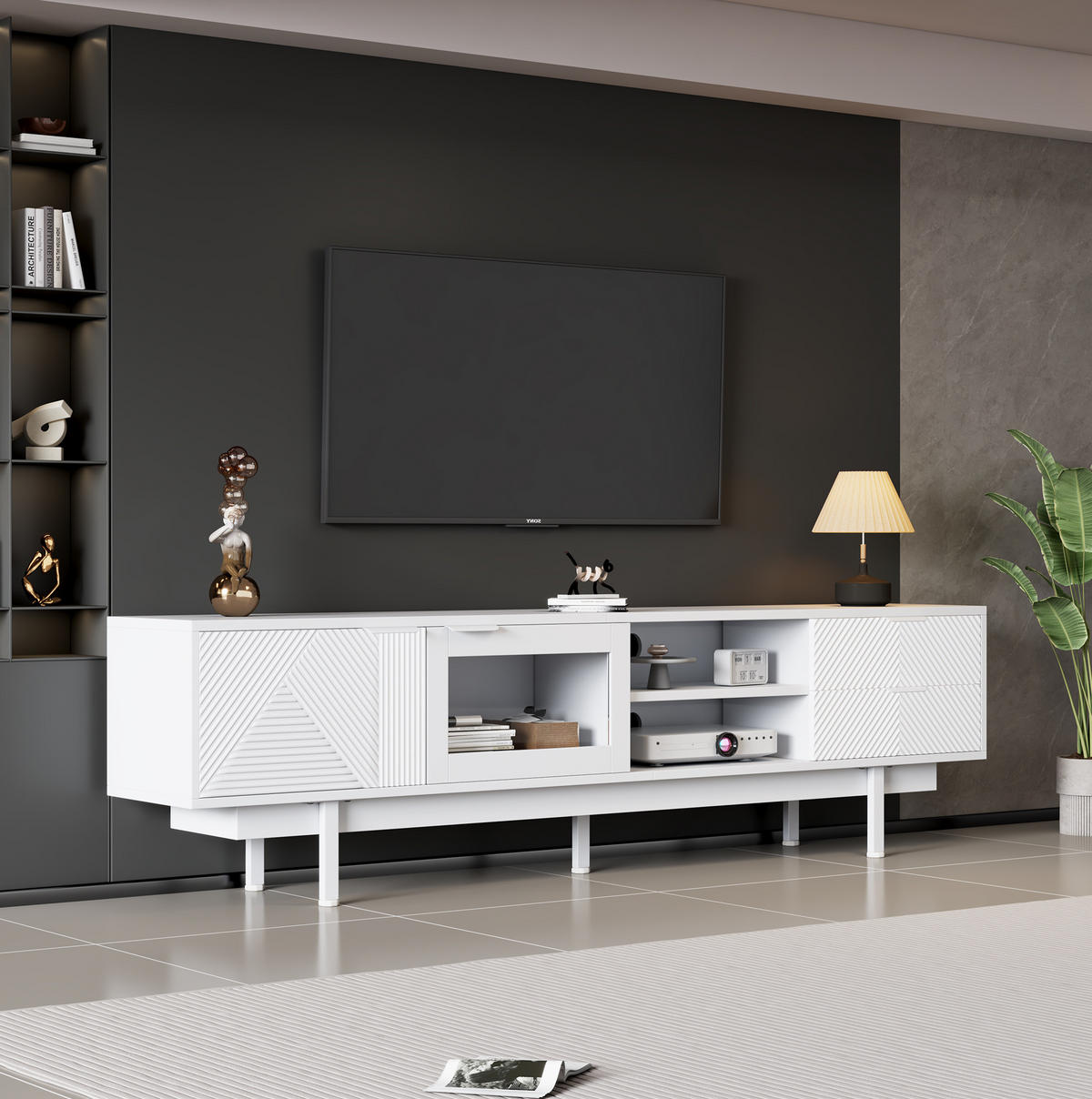 TV-LOWBOARD aus Spanplatte 200x40x50,5 cm Weiß mit 2 Türen, 2 Schubladen und Glastür - Weiß, Holzwerkstoff (200/50.5/40cm) - IVMEU