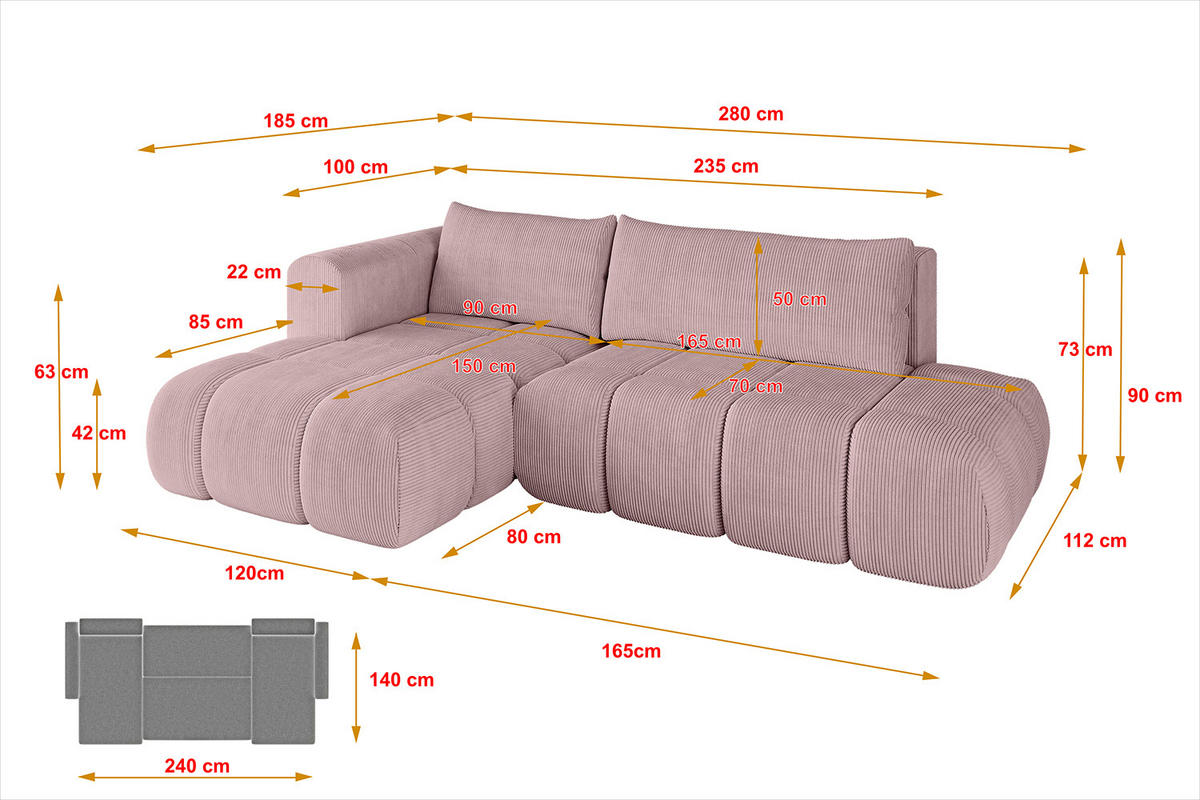 ECKSOFA Ottomane Links CLOUD-L 280x185x90 Rosa Cord - Rosa, Holzwerkstoff/Kunststoff (180/289cm) - ALTDECOR