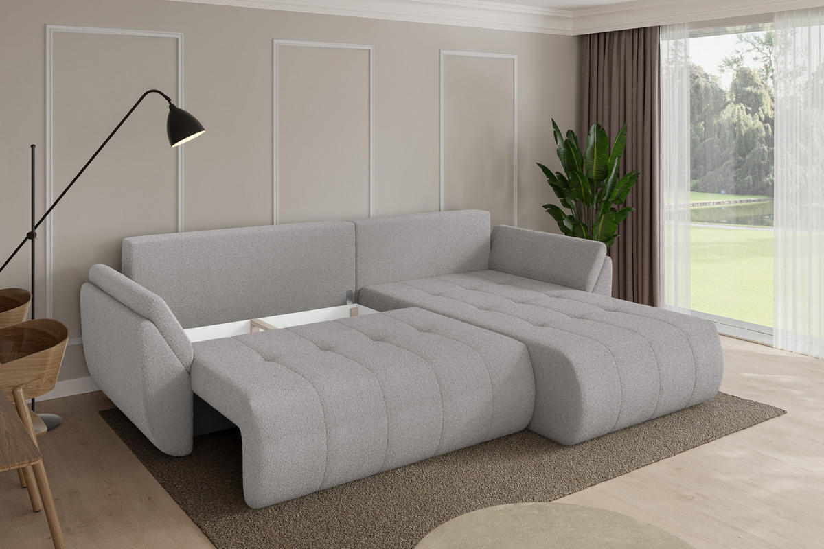 ROHOVÁ SEDAČKA s funkcí spaní, otoman vpravo TOKO-L 277x194x86 světle šedá bouclé - černá/stříbrná, kompozitní dřevo/textil (277/194cm) - ALTDECOR