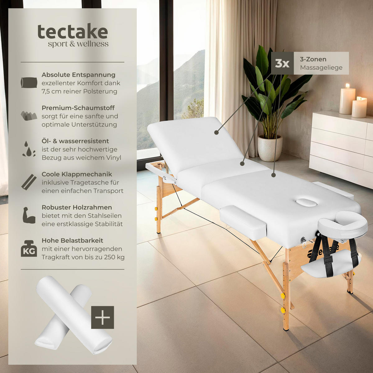 MASSAGELIEGE-SET 3 Zonen Somwang,218 x 102 x 90 cm,weiß - Weiß, Textil (108/90/218cm) - tectake