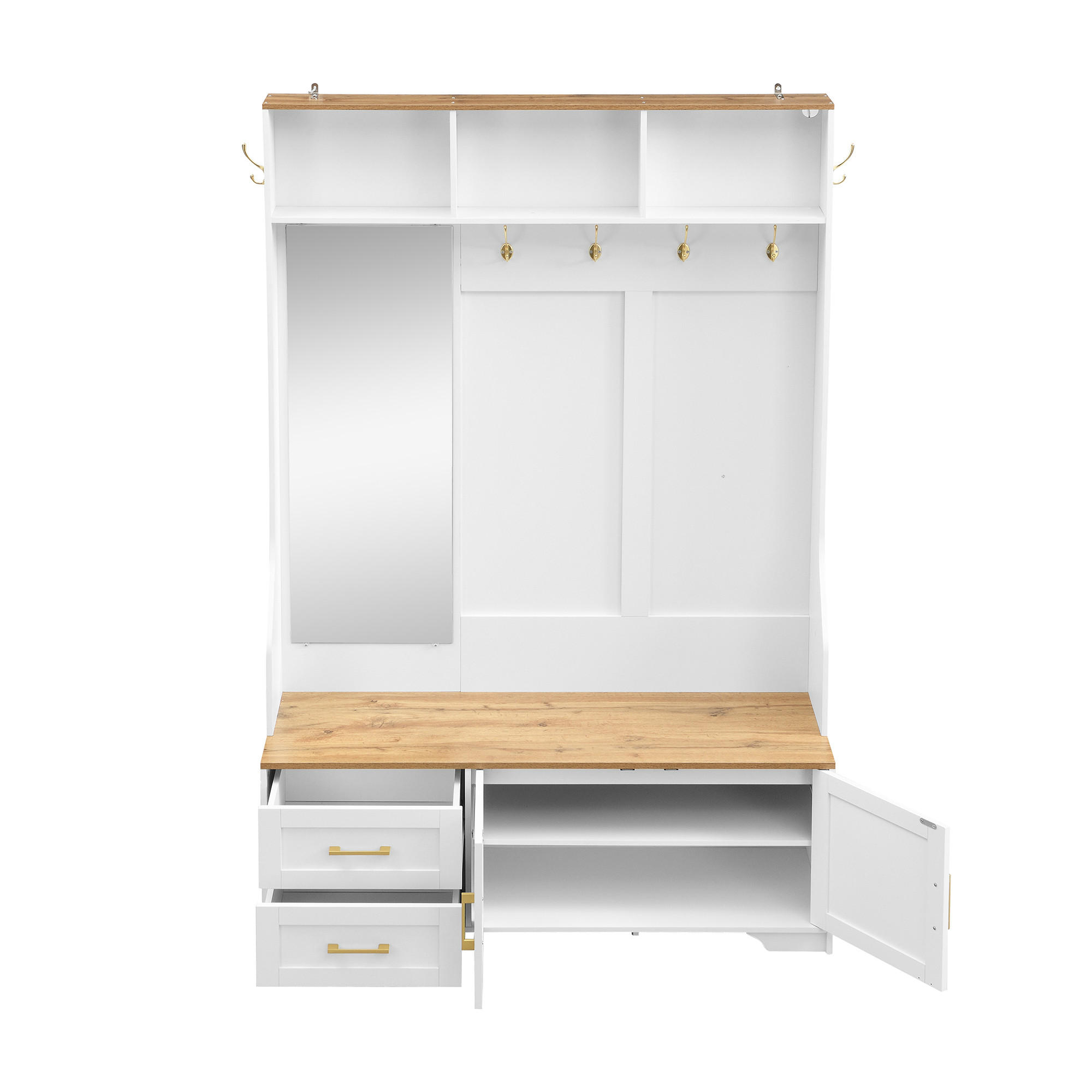 DIELENGARDEROBE 120/40/187 cm mit Spiegel, Sitzbank und LED in Weiß/Holzfarbe - Weiß, Holzwerkstoff (40/187/120cm) - BEAOK