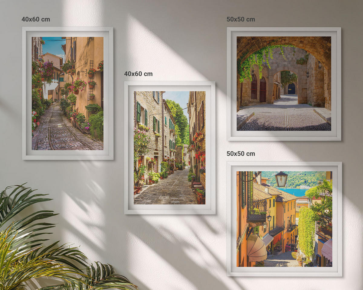 BILDER SET 4er Set - 50x50 cm & 40x60 cm Weißer Rahmen - Italienische Straßen, Blumen, Architektur - Weiß, Kunststoff (50/50cm) - TULUP