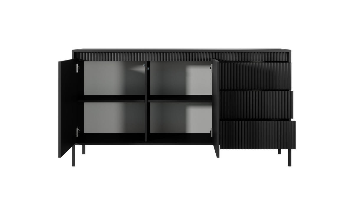 SIDEBOARD Ferrato B 153 cm Schwarz - mit 2 Türen und 3 geriffelten Schubladen rechts - Schwarz, Holz/Holzwerkstoff (153/81/39cm) - Ravio