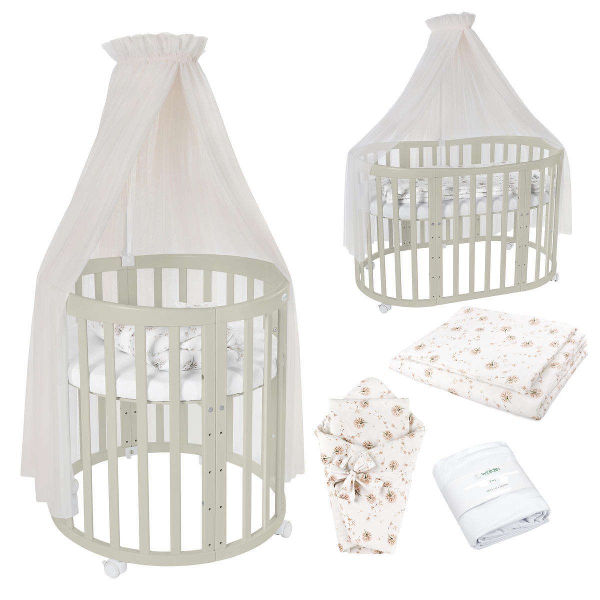 BABYBETT OLIVE OVAL 7in1 mit Matratze und Himmelset - Champagner/Olivgrün, Holz/Textil