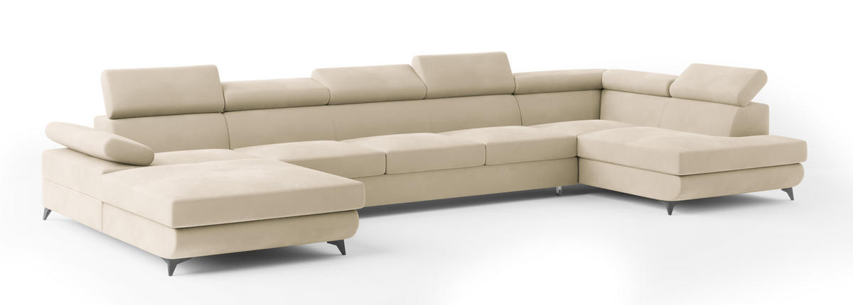 WOHNLANDSCHAFT MONTIVA Creme Velours-Stoff mit Schlaffunktion - Creme, Holz (410/89/190cm) - MASSENO