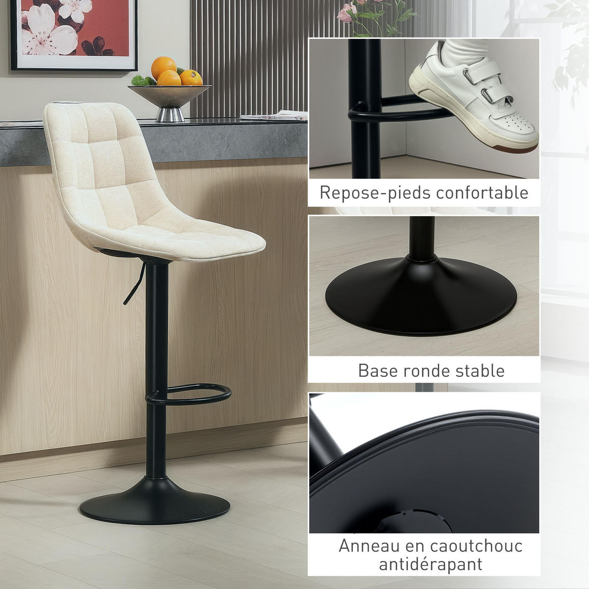 BARHOCKER 2er-Set DE-14754 höhenverstellbar mit Fußstütze Beige - Beige, Metall (47/115.5/48cm) - ComfortXL
