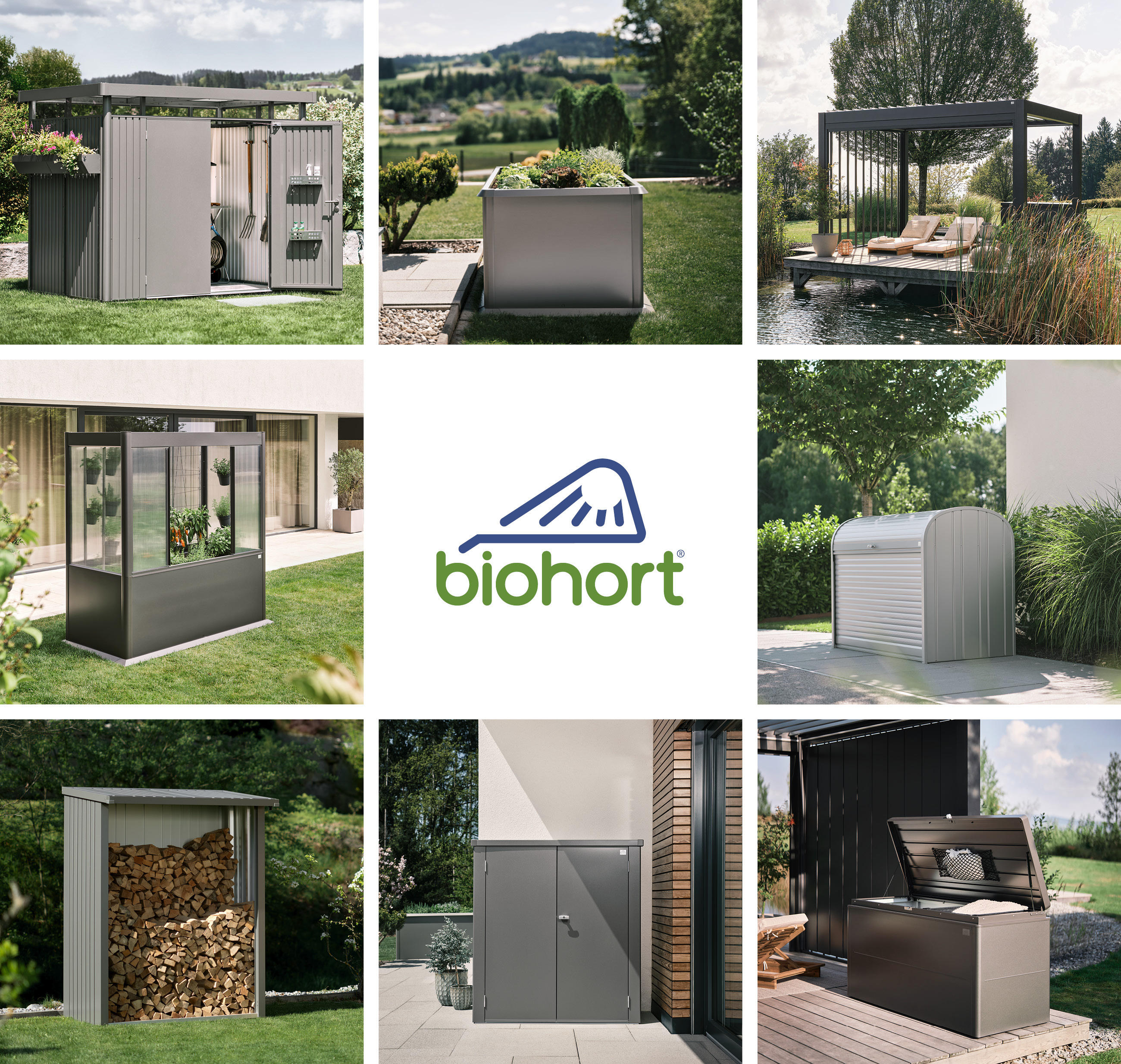 Balkon mit Blick auf einen See und Garten, ausgestattet mit einem Geräteschuppen der Marke Biohort.