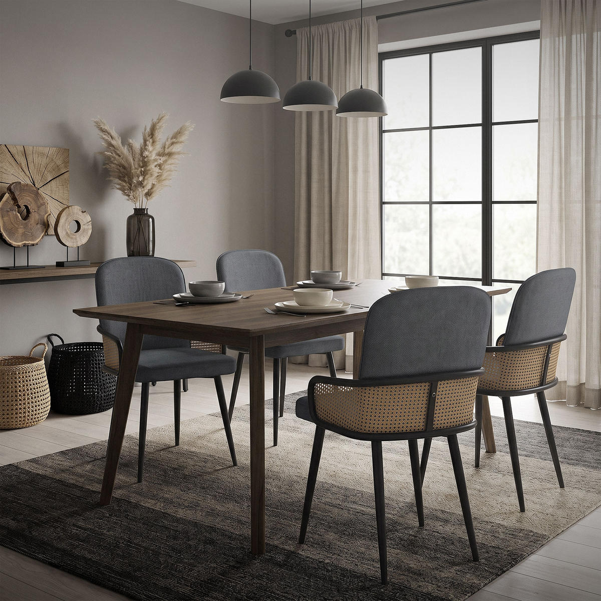 ESSZIMMERSTÜHLE 4er Set Anthrazit mit Stoffbezug Rattan Optik - Anthrazit/Schwarz, Naturmaterialien/Textil (51/91/61cm) - ML-DESIGN