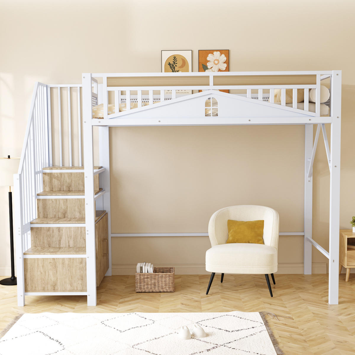 HOCHBETT 90/200 cm, Weiß mit Stauraum und Fensterdesign - Weiß, Metall (90/200cm) - MIVRAY