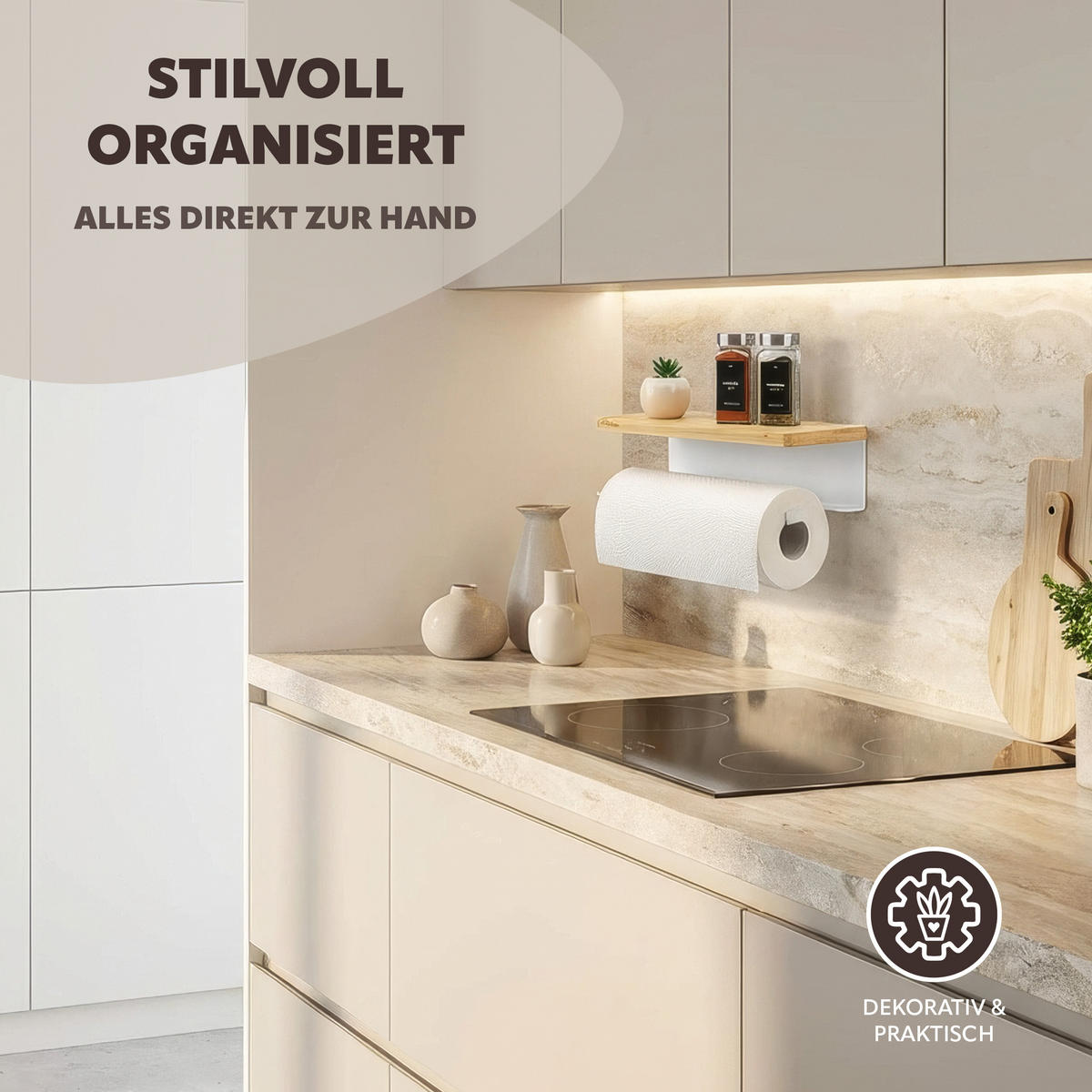 KÜCHENROLLENHALTER mit Bambusablage - Weiß, Metall (32/9.5/13cm) - eluno