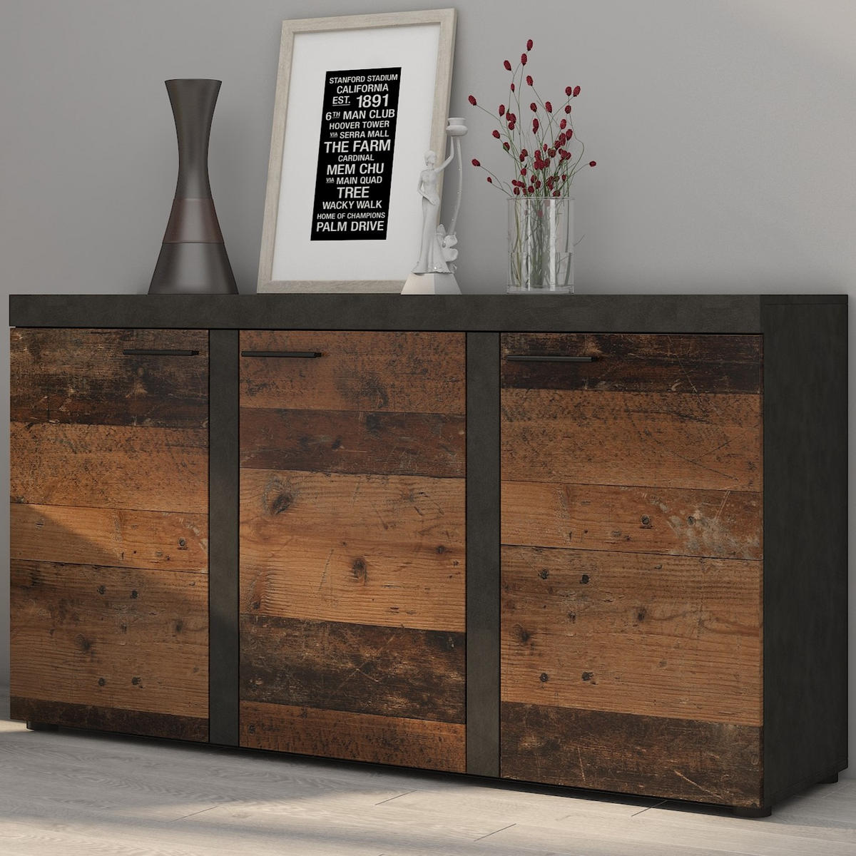 SIDEBOARD RITMO 149/82/40 cm mit 3 Türen Hellgrau - Hellgrau/Braun, Holzwerkstoff (149/82/40cm) - MASSENO