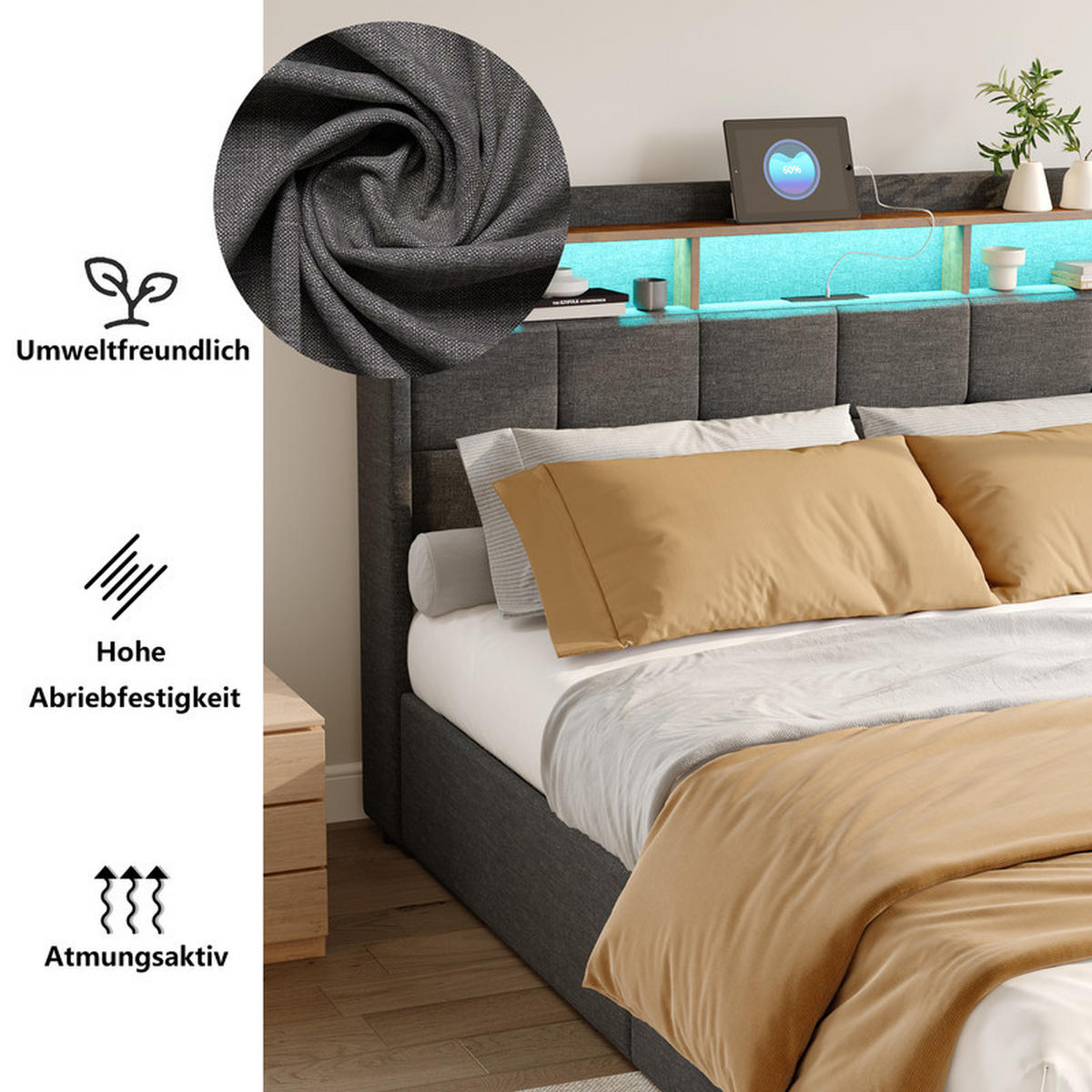 DOPPELBETT 140 x 190 cm mit 4 Schubladen, LED-Kopfteil, USB-/Typ-C-Anschlüssen, Leinen und Lattenrost, grau - Grau, Holzwerkstoff/Textil