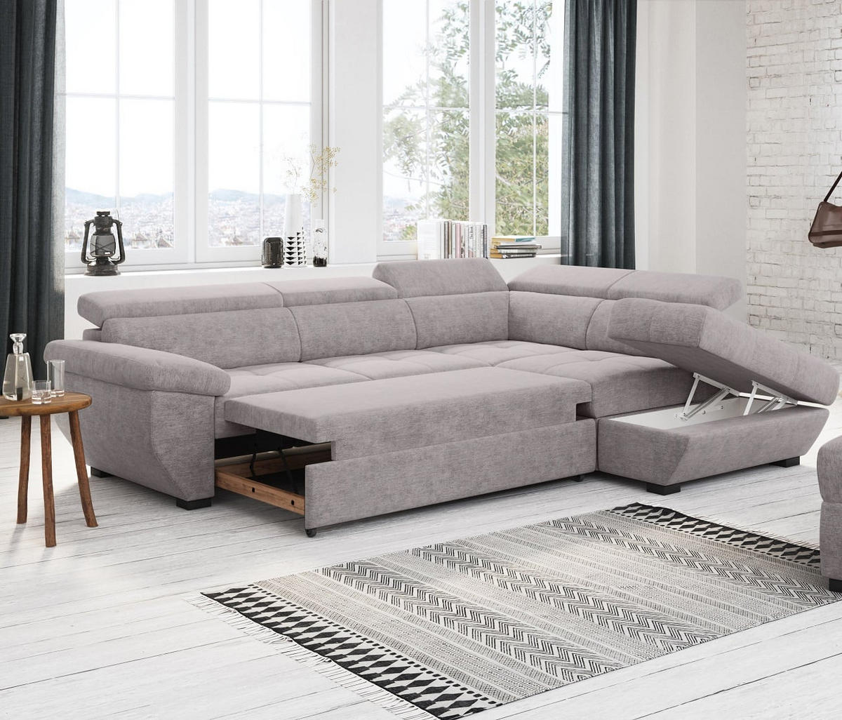 ECKSOFA mit Schlaffunktion und Bettkasten, verstellbare Kopflehnen - Schwarz/Grau, Kunststoff/Textil (224/262cm) - Cotta