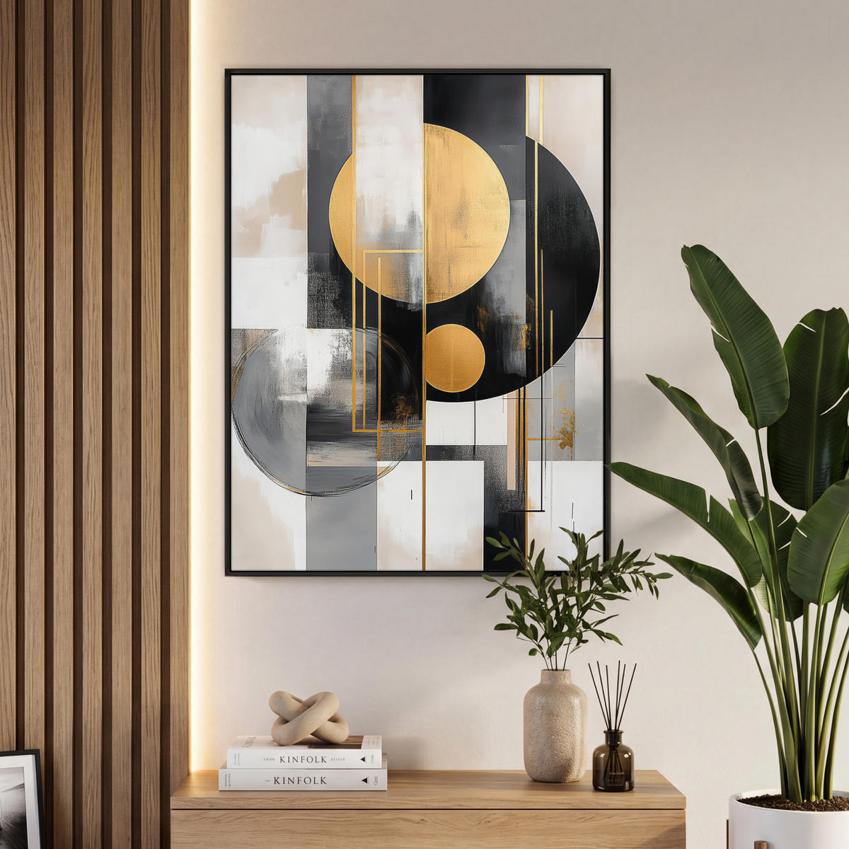LEINWAND Bilder mit Rahmen - Abstrakt - Gold - Silber - Formen - Ästhetisch - Modern - 70x100 - Goldfarben, Textil (70/100cm) - MuchoWow