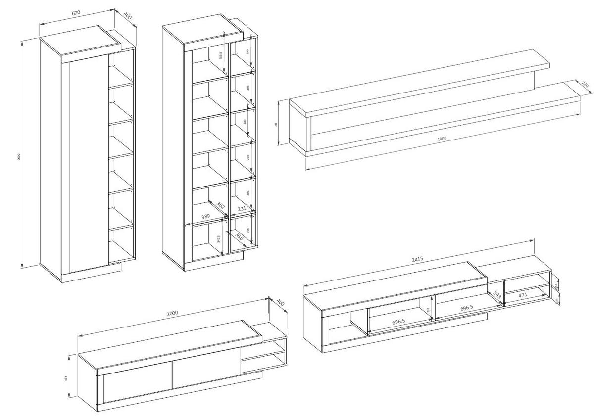 WOHNWAND 3-teilig Saragossa weiß Hochglanz / Samdal Eiche - Weiß Hochglanz/Braun, Holz/Holzwerkstoff (227/200/40cm) - Feldmann-Wohnen