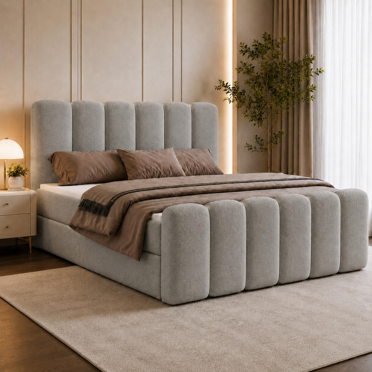 BOXBETT NOLA 200x200 mit Bettkasten, Matratze & Topper – Hellgrau Bouclé - Hellgrau, Textil (200/200cm) - Luxkor24