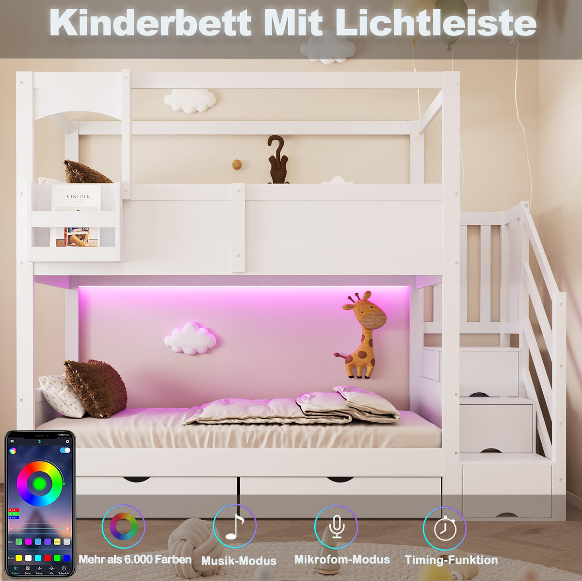 ETAGENBETT 90x200 cm in Weiß mit Stauraumtreppe, Schubladen und Tafel - Weiß, Holz (90/200cm) - IVMEU