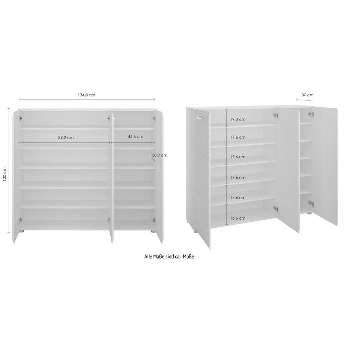 SCHUHKOMMODE Merano Weiß / Weiß Hochglanz 135 / 36 / 120cm - Weiß Hochglanz/Weiß, Holz/Holzwerkstoff (135/36/120cm) - Feldmann-Wohnen